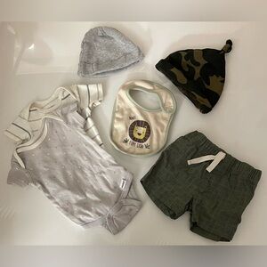 Baby Boy Clothing Set of 6 items - 2 onesies, 2 hats, 1 bib, 1 shorts
